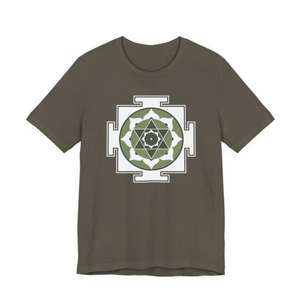 Kamala Yantra sacred geometry print on a brown spiritual t-shirt.