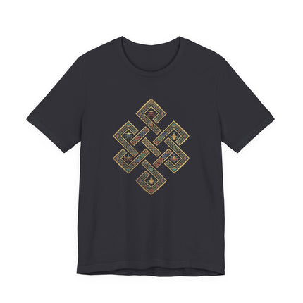 Dark t-shirt featuring the colorful Endless Knot Buddhist symbol print.