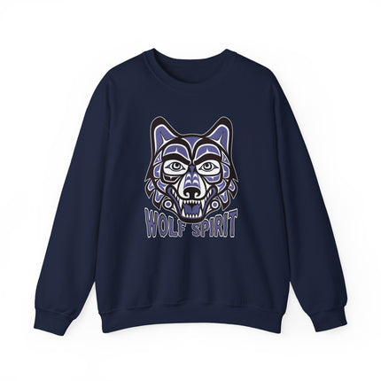 Tribal wolf spirit graphic on an Indigenous pullover sweatshirt featuring Native American art.