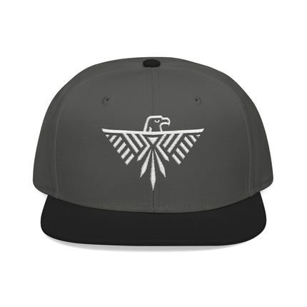 Gray snapback hat with white embroidered geometric eagle and thunderbird design.