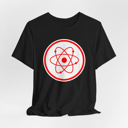 Red atomic symbol graphic on a black t-shirt, representing physics and science.