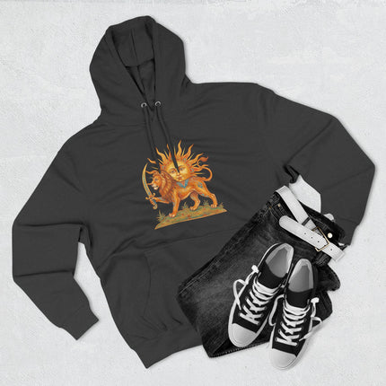 Lion and Sun Persian symbol graphic on a black pullover hoodie.