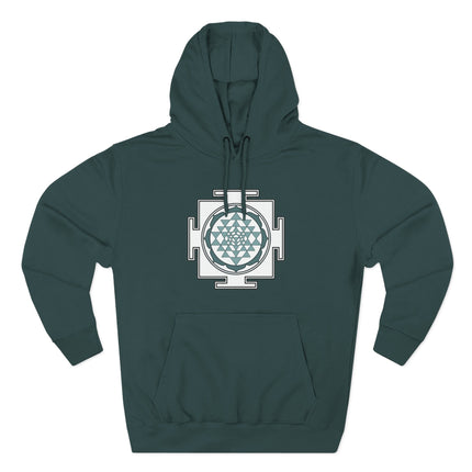 Sri Yantra sacred geometry symbol graphic on a dark spiritual pullover hoodie.