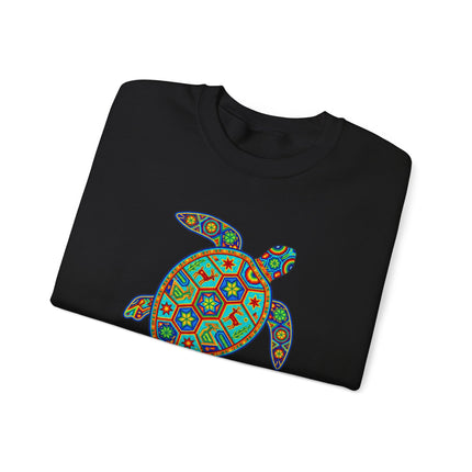 Colorful Huichol turtle art sweatshirt featuring geometric Mexican folk patterns.