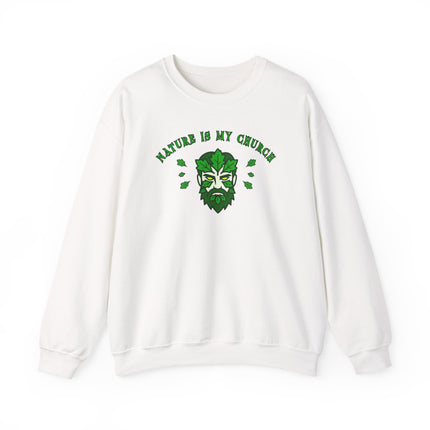 Green Man earth spirit graphic sweatshirt featuring pagan nature and woodland motifs.