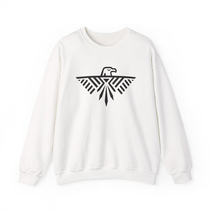 Black geometric eagle and thunderbird graphic on a white unisex pullover sweatshirt.