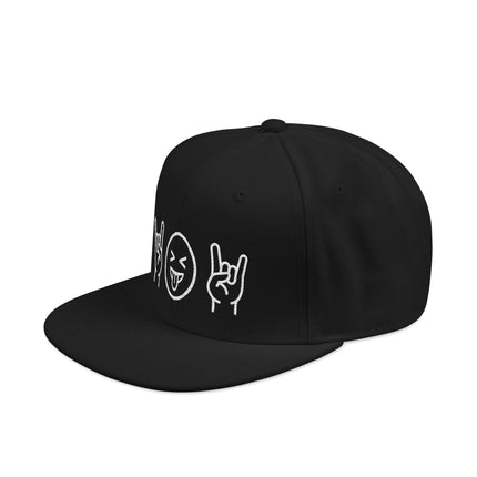 Black snapback hat with embroidered rock emojis: devil face, tongue out, and horns hand sign.