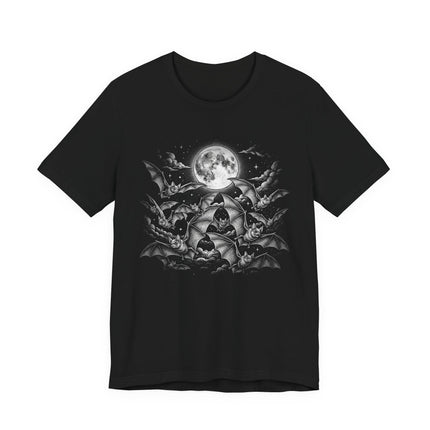 Full moon and flying bats graphic on a black gothic t-shirt.