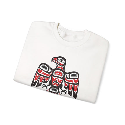 Pacific Northwest sweatshirt featuring vibrant formline art of an indigenous hawk design.