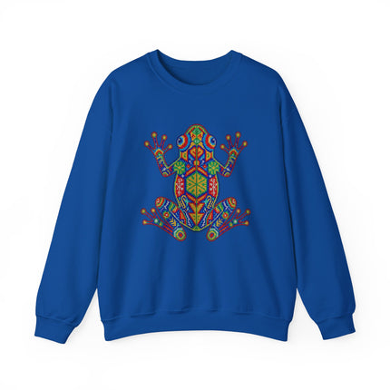 Vibrant Huichol-style geometric frog art on blue Mexican pullover sweatshirt.