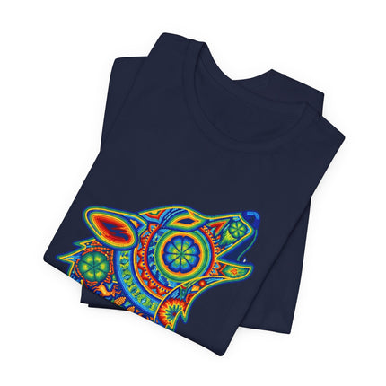 Huichol tribal art howling wolf graphic tee featuring colorful geometric and mosaic patterns.
