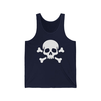 Jolly Roger skull and crossbones graphic on a navy blue tank top.