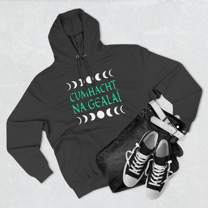 Celestial hoodie featuring Irish Gaelic "Cúmhacht na Gealáí" and symbolic moon phases.
