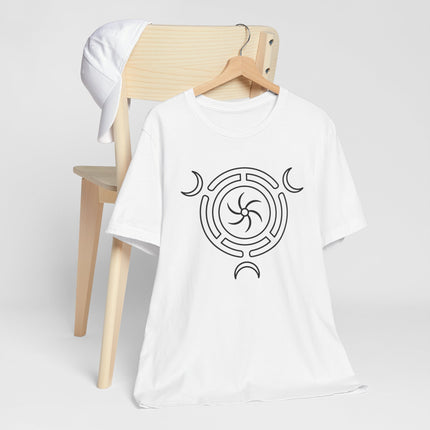 White tee featuring the Hecate's Wheel Triple Goddess Moon symbol graphic.