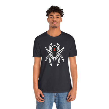 Black t-shirt featuring a white black widow spider graphic with a red hourglass symbol.