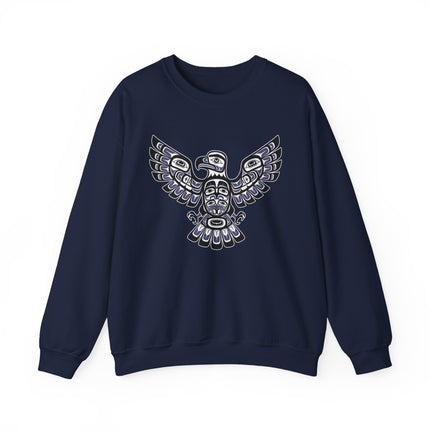 Indigenous Pacific Northwest tribal eagle art graphic on a navy pullover sweatshirt.