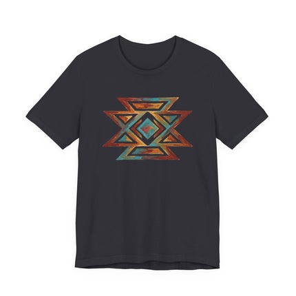 Boho geometric butterfly tribal art design on a dark t-shirt.