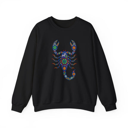 Vibrant Huichol scorpion graphic on black unisex pullover sweatshirt.