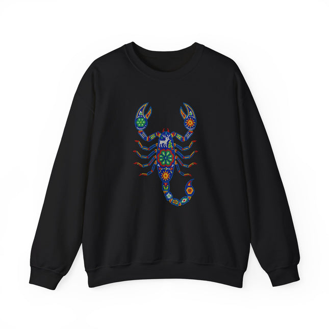 Vibrant Huichol scorpion graphic on black unisex pullover sweatshirt.