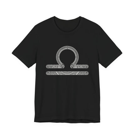 Tribal Libra zodiac symbol design on a black t-shirt.