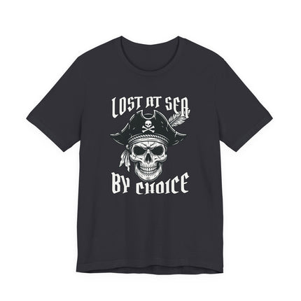 Pirate skull graphic tee with "Lost At Sea By Choice" text and nautical crossbones.