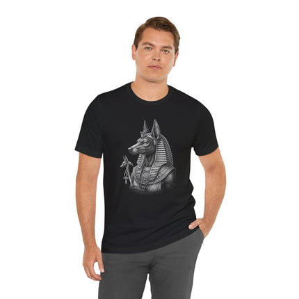 Anubis Egyptian jackal god portrait on a black t-shirt. Mythology tee.