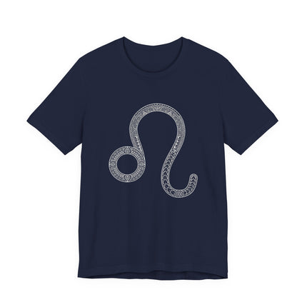 Dark blue t-shirt with an intricate white tattoo-style Leo zodiac symbol graphic.