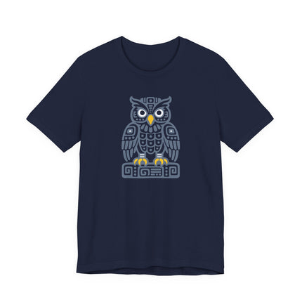 Mayan Owl T-Shirt | Rust Geometric Bird with Pale Circular Eyes Tee