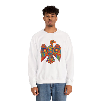 Huichol condor graphic print on a white unisex sweatshirt featuring colorful Mexican indigenous folk art.