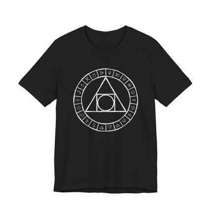 Black tee with alchemical symbol diagram and esoteric astrological glyphs.