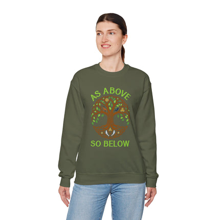 As Above So Below Tree of Life graphic on a spiritual mythology sweatshirt.