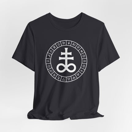 Leviathan Cross occult t-shirt featuring alchemical and esoteric symbols in a circular design.