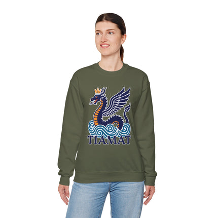 Tiamat winged sea dragon graphic on a dark green mythological sweatshirt.