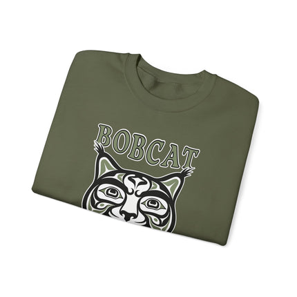 Bobcat Spirit Native American art pullover sweatshirt featuring indigenous animal design print.