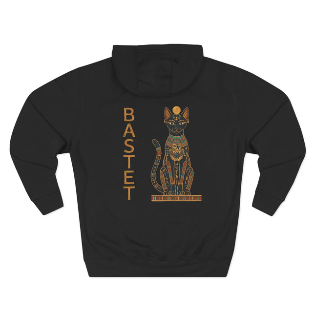 Bastet Egyptian cat goddess graphic on a black hoodie. Ancient Egypt mythology print apparel.