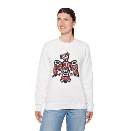 Indigenous Pacific Northwest raven formline art graphic on a white pullover sweatshirt.