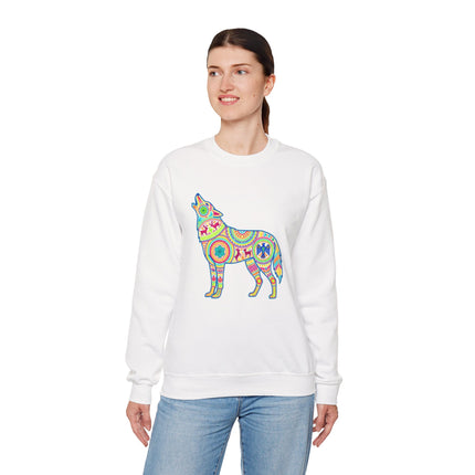 Colorful Huichol wolf graphic featuring vibrant Mexican folk art patterns.