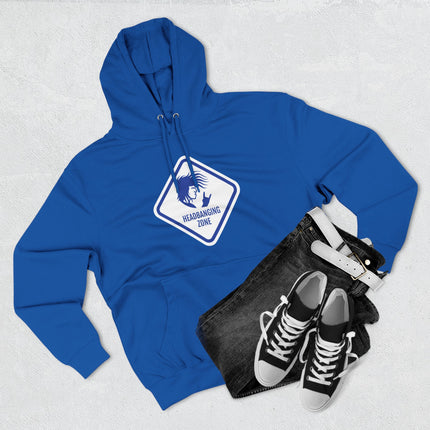 Blue headbanging zone metal rock graphic hoodie featuring devil horns and alternative style.