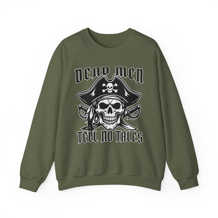Pirate skull graphic sweatshirt with "Dead Men Tell No Tales" text.