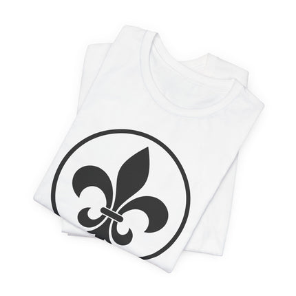 Black fleur-de-lis emblem graphic on a white t-shirt, symbolizing French heritage and royal heraldry.