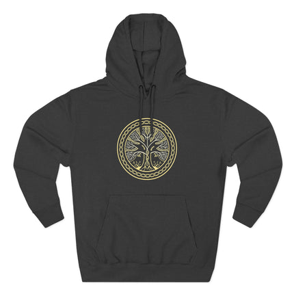 Yggdrasil World Tree of Life graphic on a black hoodie. Norse mythology design.