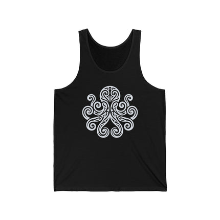 White tribal octopus swirl graphic with celtic knot detailing on a black tank top.