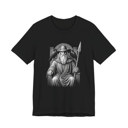 Odin Norse God graphic tee featuring ravens and a spear, inspired by Viking mythology.