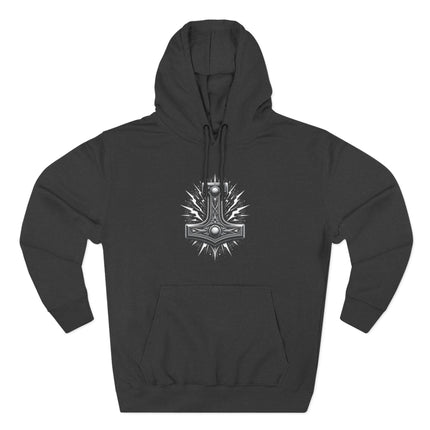 Norse Mjolnir hammer graphic featuring thunder and lightning on a black hoodie.