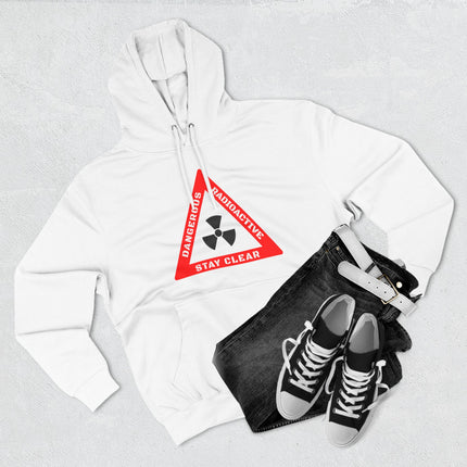 Dangerous radioactive warning symbol graphic on a white streetwear hoodie.
