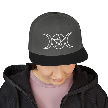 Embroidered triple moon and pentagram snapback cap for pagan and wiccan goddess style.