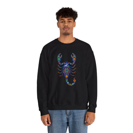 Black sweatshirt featuring colorful Huichol Mexican scorpion art.