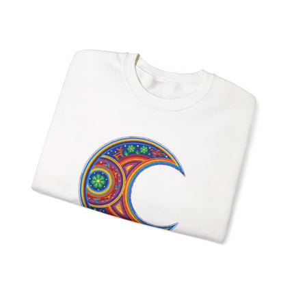 Vibrant Huichol Moon Crescent indigenous art pattern pullover sweatshirt.