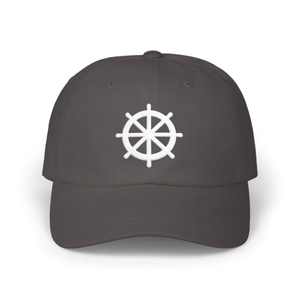 Embroidered Dharma Wheel symbol on a gray baseball cap.