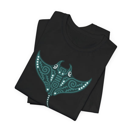 Mayan Manta Ray T-Shirt | Teal Patterned Wings and Sweeping Tail Tee